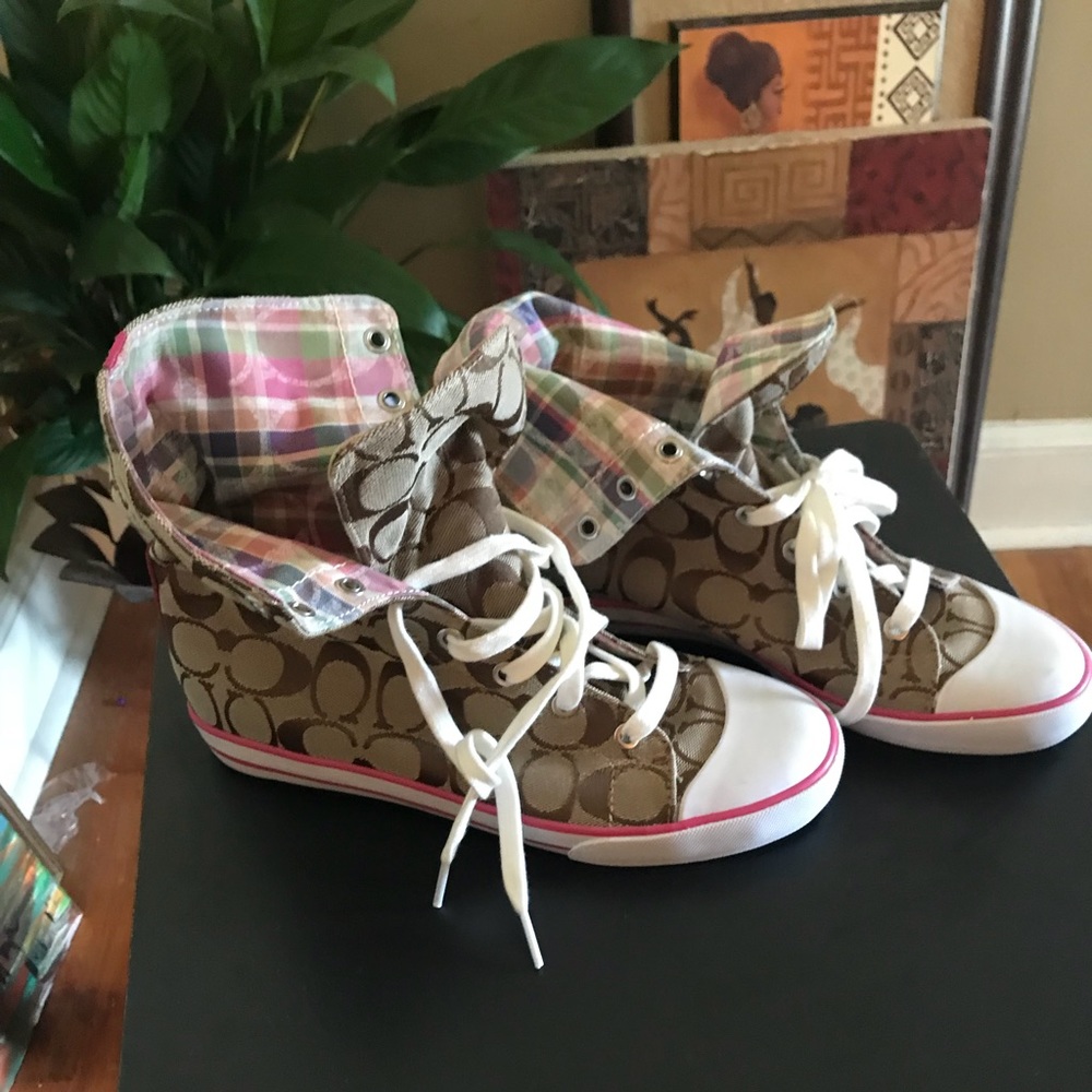Brown and pink Coach high top converse style shoes
